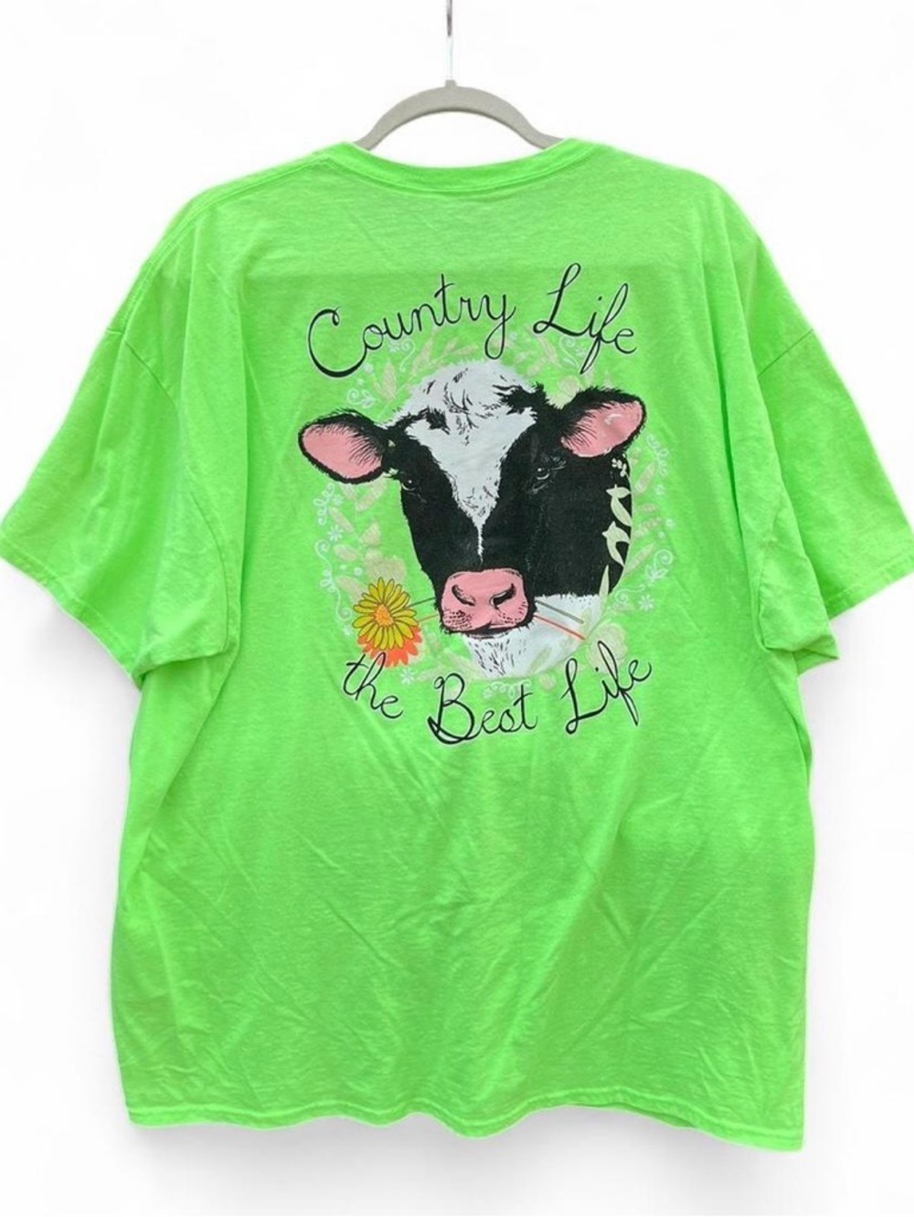 Country Life Cow Graphic Short Sleeve Tee - Neon Green